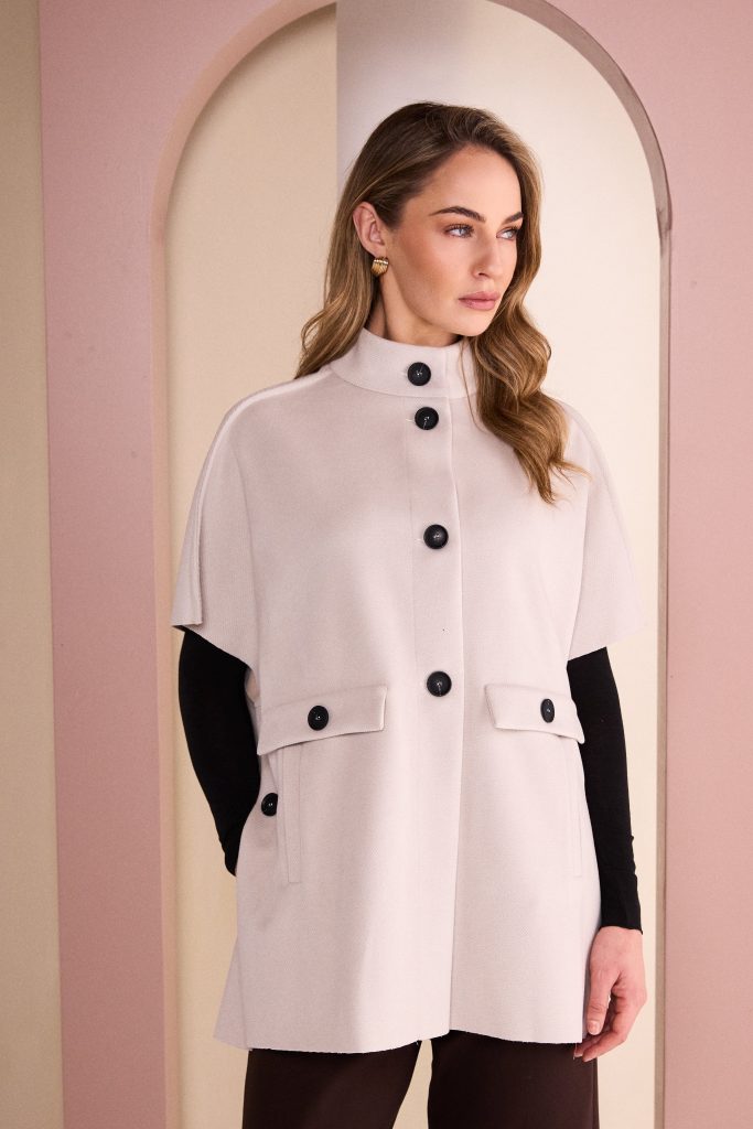 High Neck Button Through Jacket With Pocket Flap in Stone