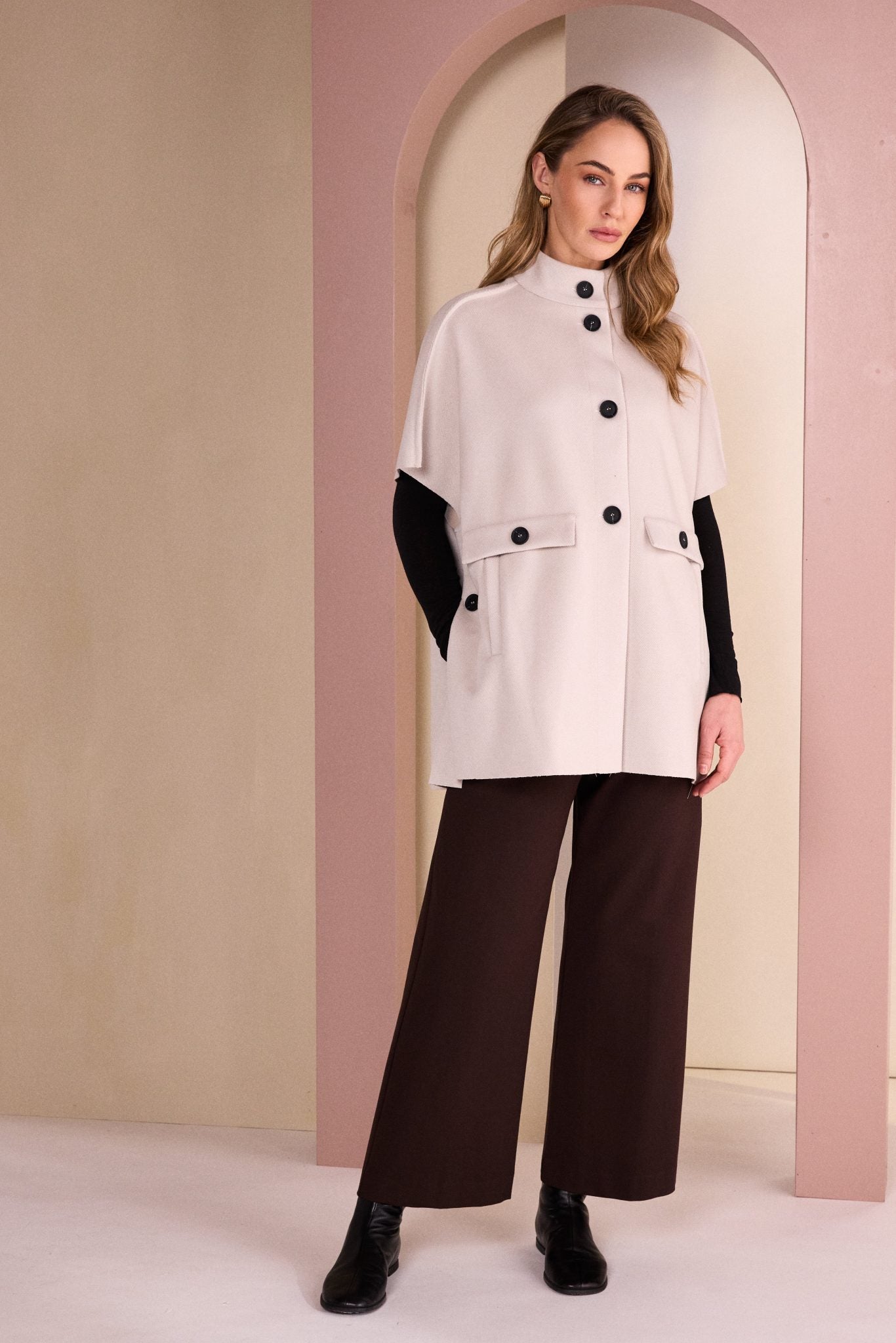 High Neck Button Through Jacket With Pocket Flap in Stone