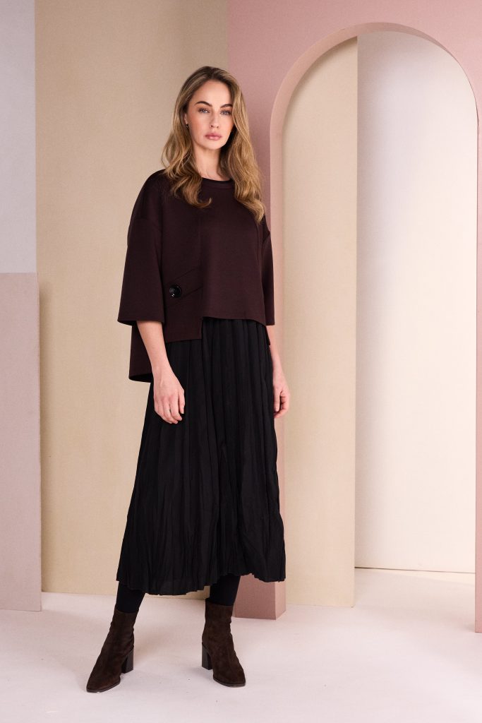 Two Piece Crushed Dress With Overtop in Black/Choko