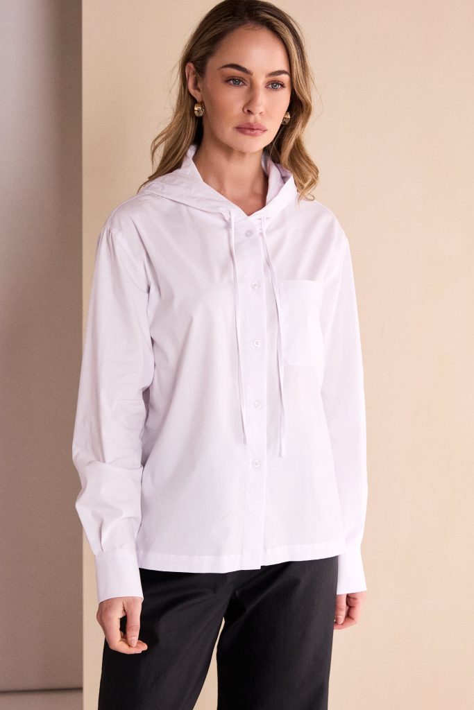 Cotton Hood Shirt With Tie String in White