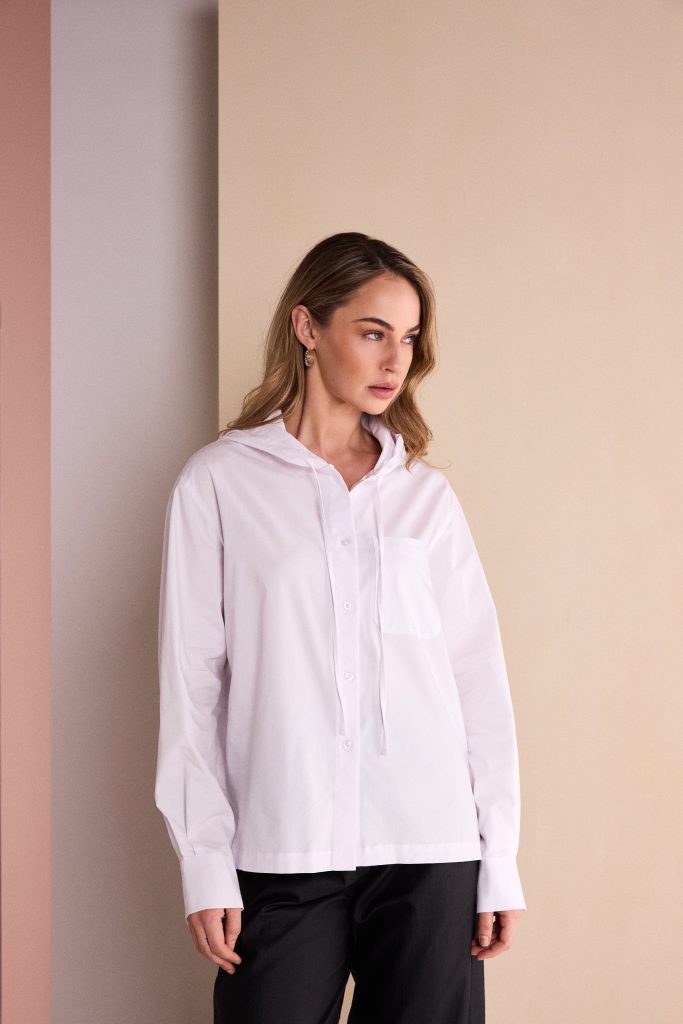 Cotton Hood Shirt With Tie String in White