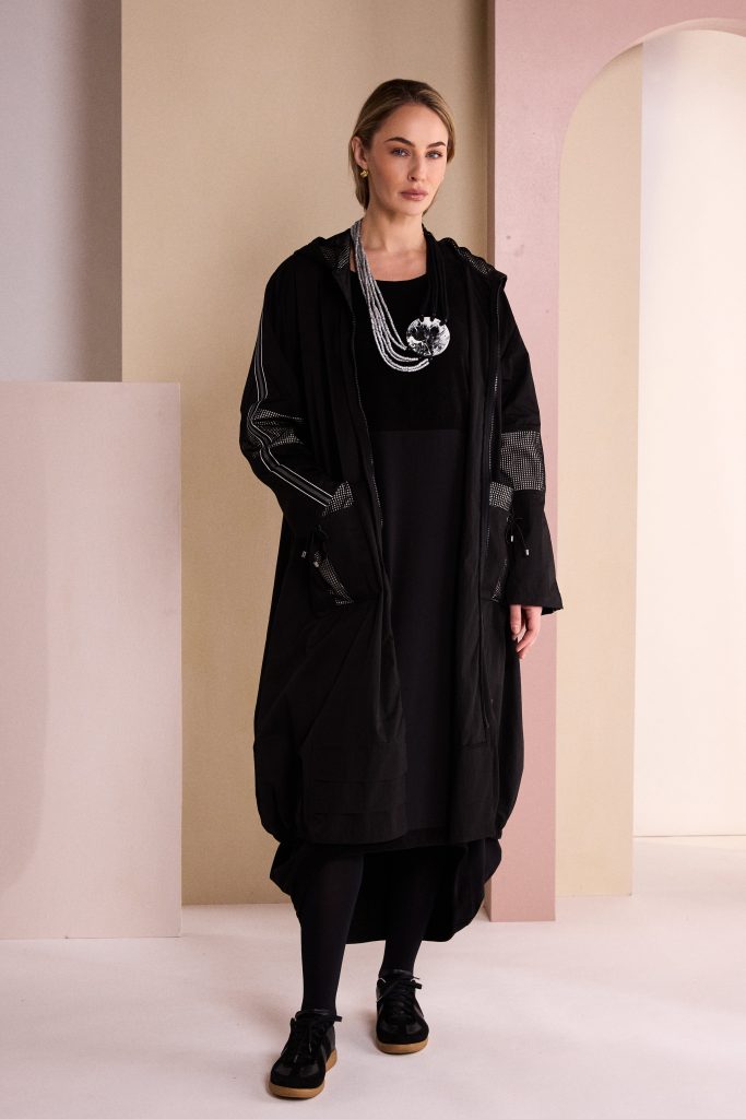 Hooded Coat With Mesh Insets in Black/stone