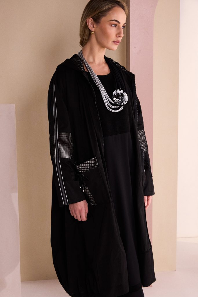 Hooded Coat With Mesh Insets in Black/stone