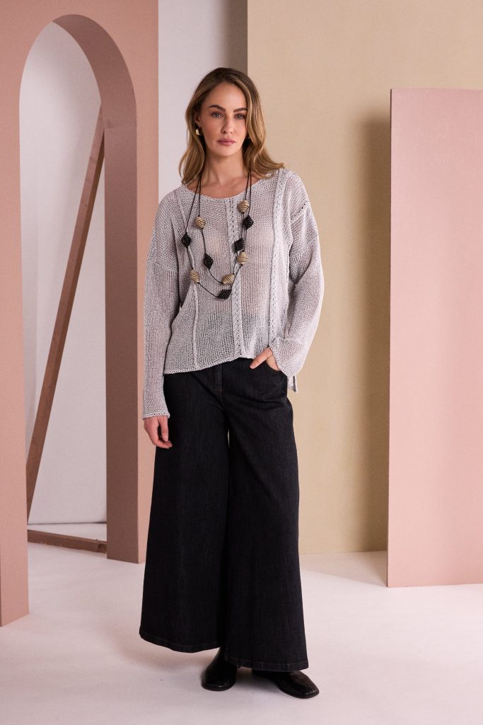 Round Neck Knit With Cut Away Hem in Silver