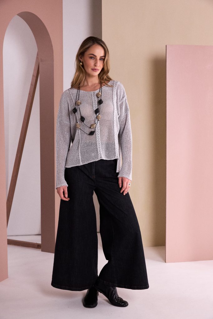 Round Neck Knit With Cut Away Hem in Silver