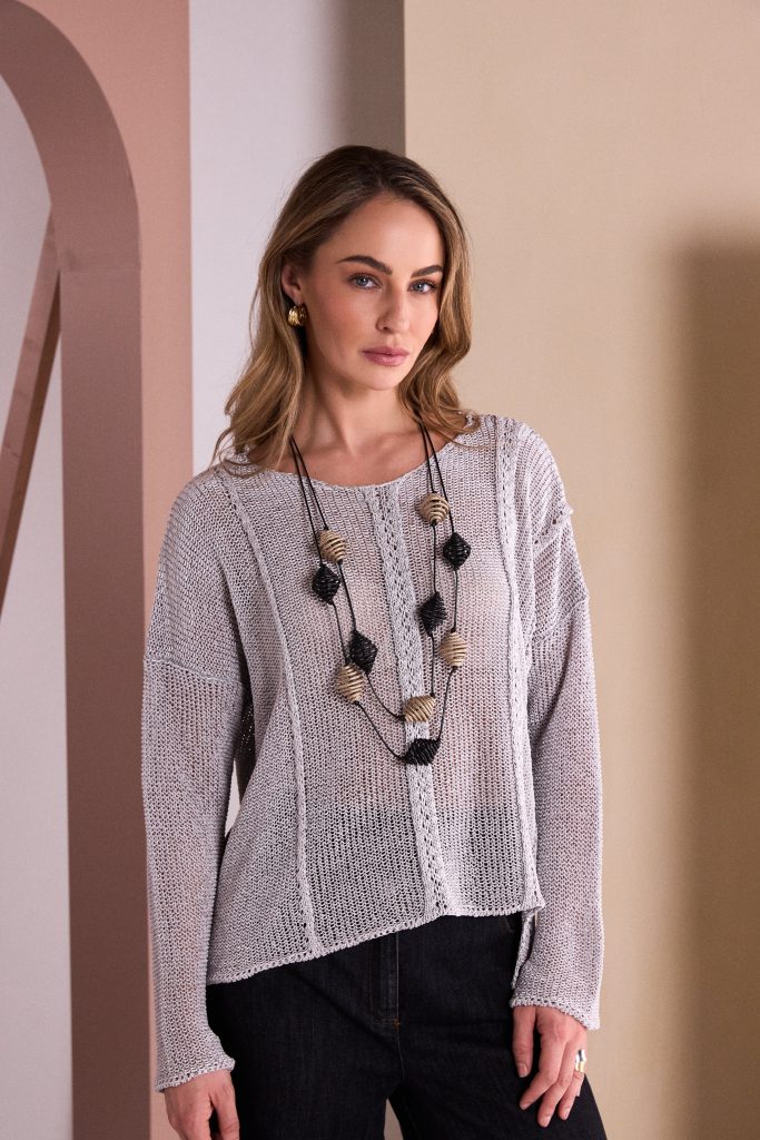 Round Neck Knit With Cut Away Hem in Silver