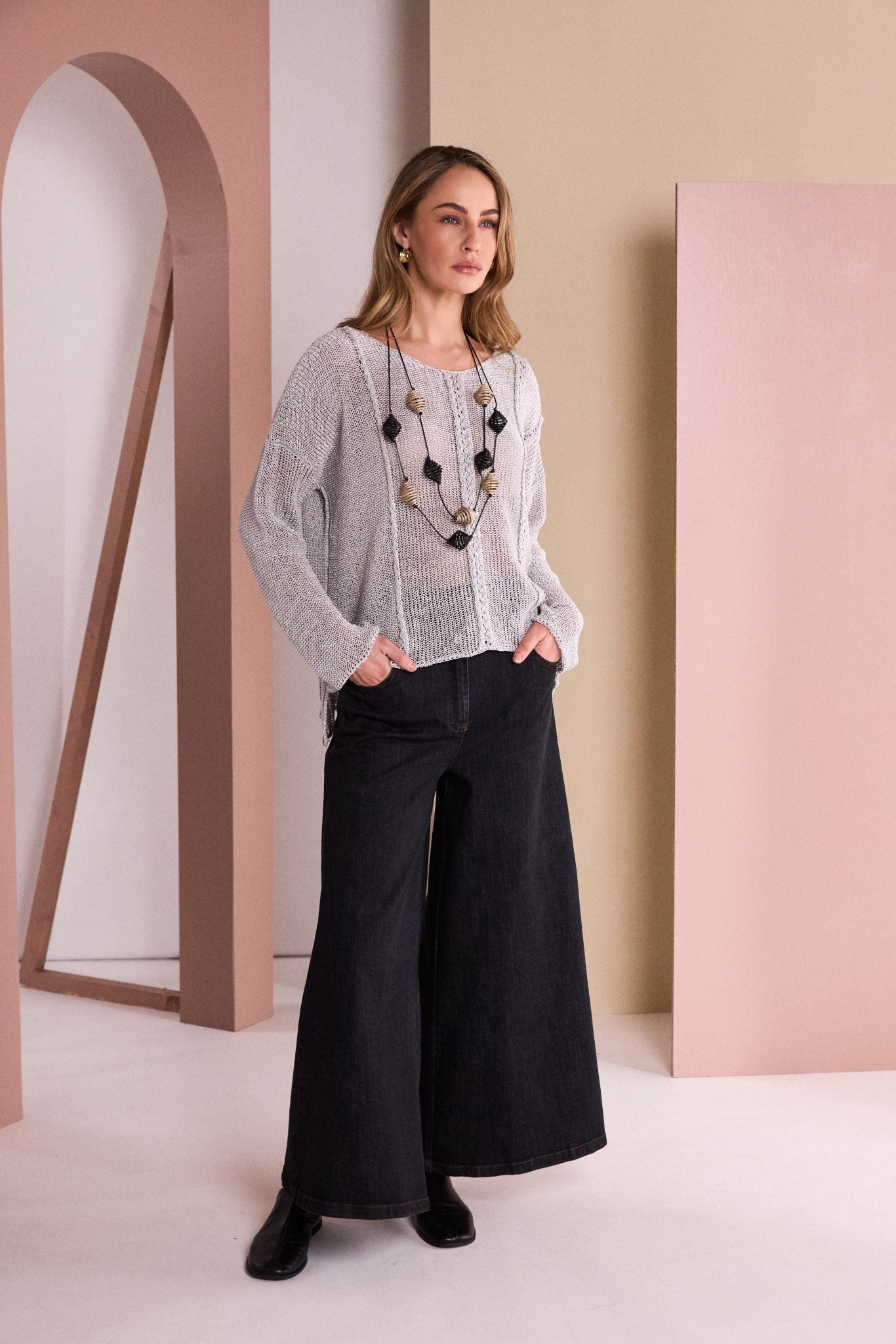 Round Neck Knit With Cut Away Hem in Silver