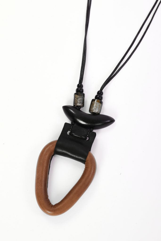 Leather Look Triangle Necklace With Clasp Trim in Stone/Thyme