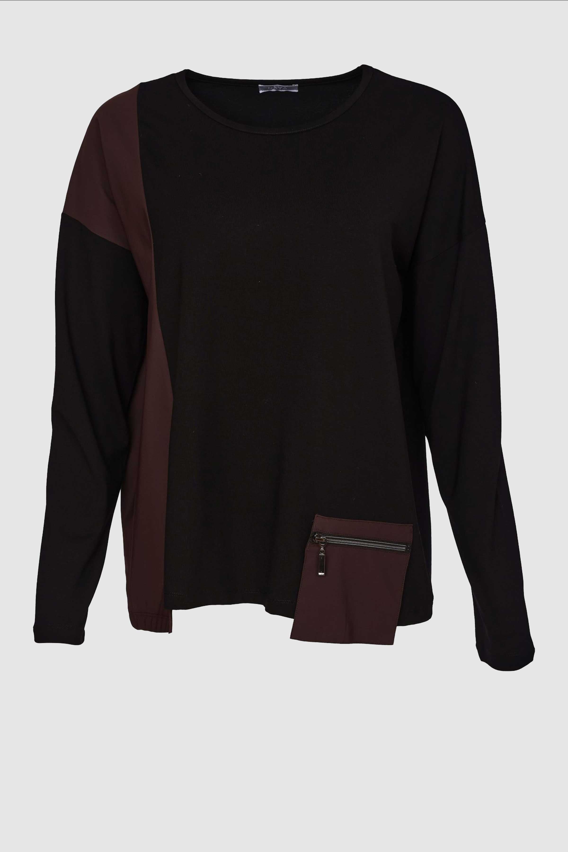 Zip Contrast Pocket Top With in Choko/Black