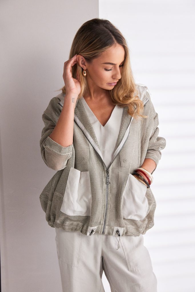 Mesh Hooded Top with Drewstring Hem in Ash