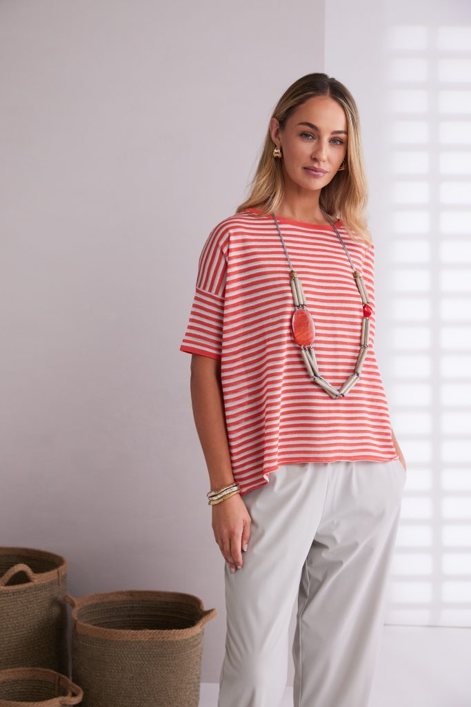 Stripped Round Neck Knit Top in Camellia