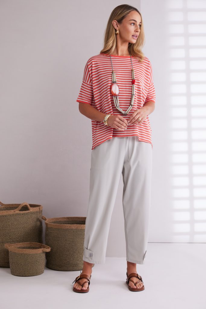 Stripped Round Neck Knit Top in Camellia