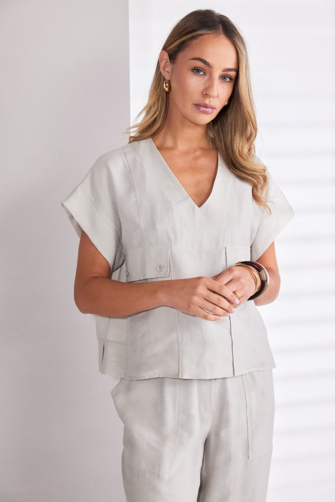 Patch Pocket V-Neck Top in Ash