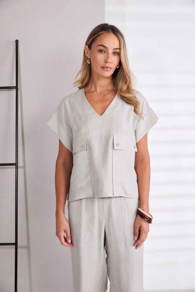 Patch Pocket V-Neck Top in Ash