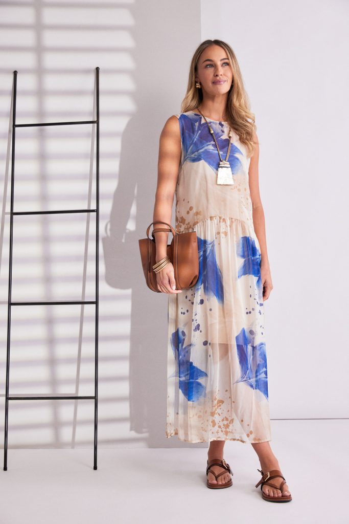 Mesh Leaf Print Waisted Dress in Denim Blue