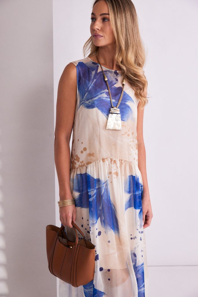 Mesh Leaf Print Waisted Dress in Denim Blue