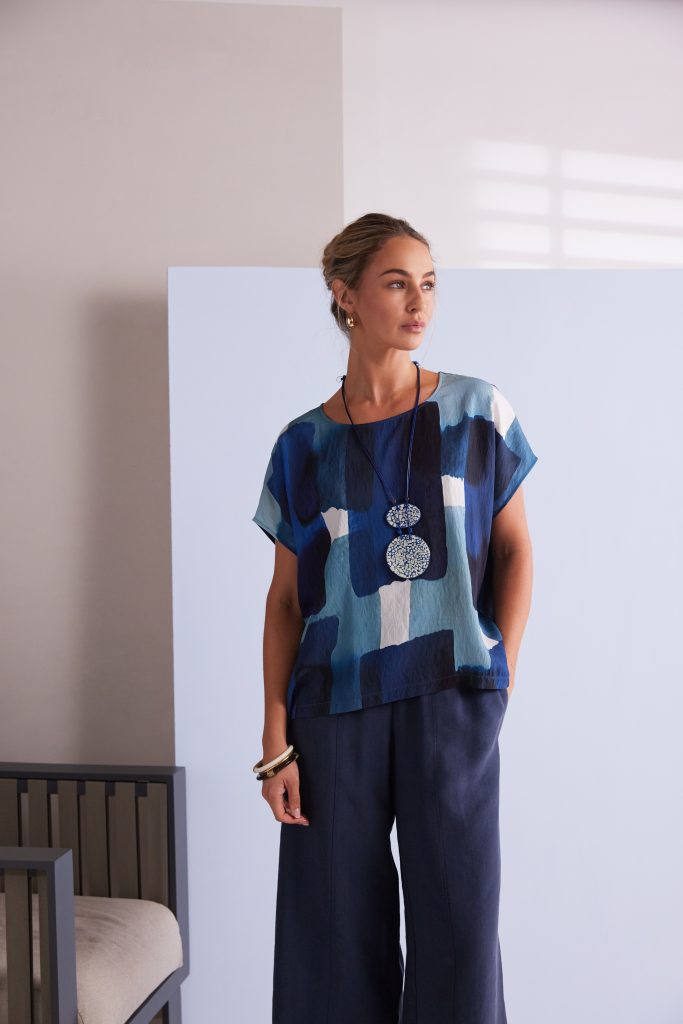 Patchwork Print Round Neck Top in Denim Blue