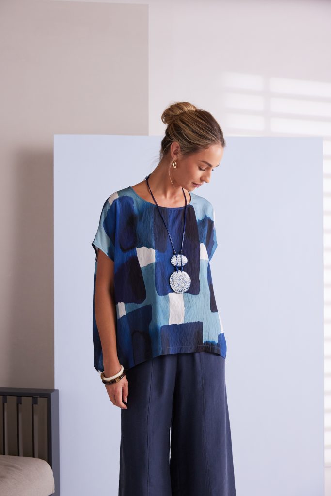 Patchwork Print Round Neck Top in Denim Blue