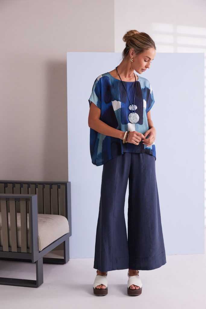 Patchwork Print Round Neck Top in Denim Blue