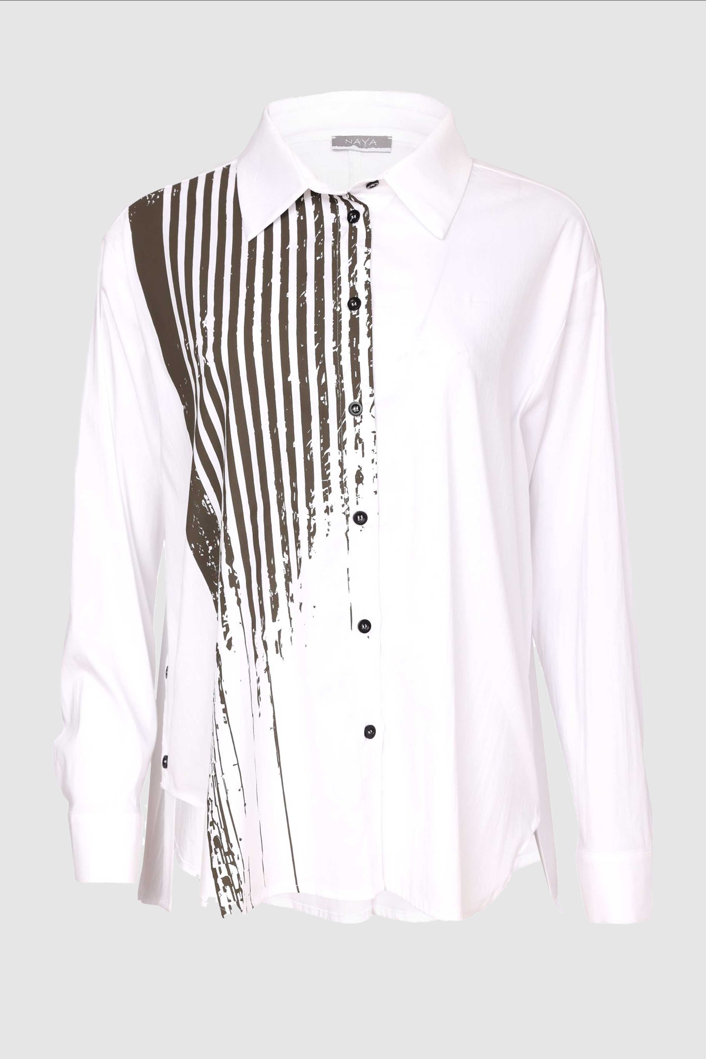 Line Placement Print Button Through Shirt in White/Thyme