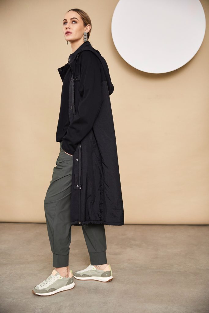 Hooded Coat with Contrast Hempanel/Placket in Black