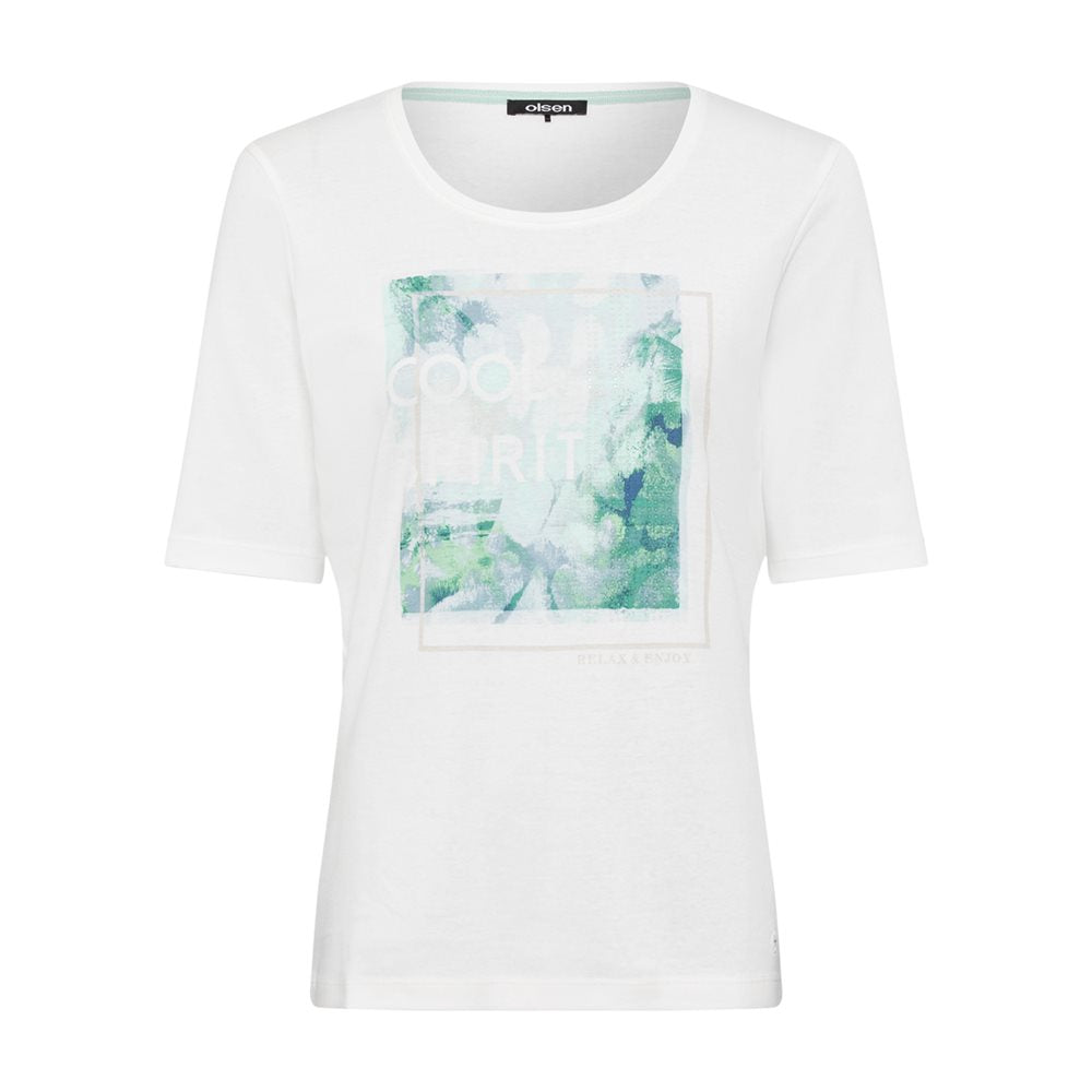 Short Sleeve Placement Print Tee in Off White