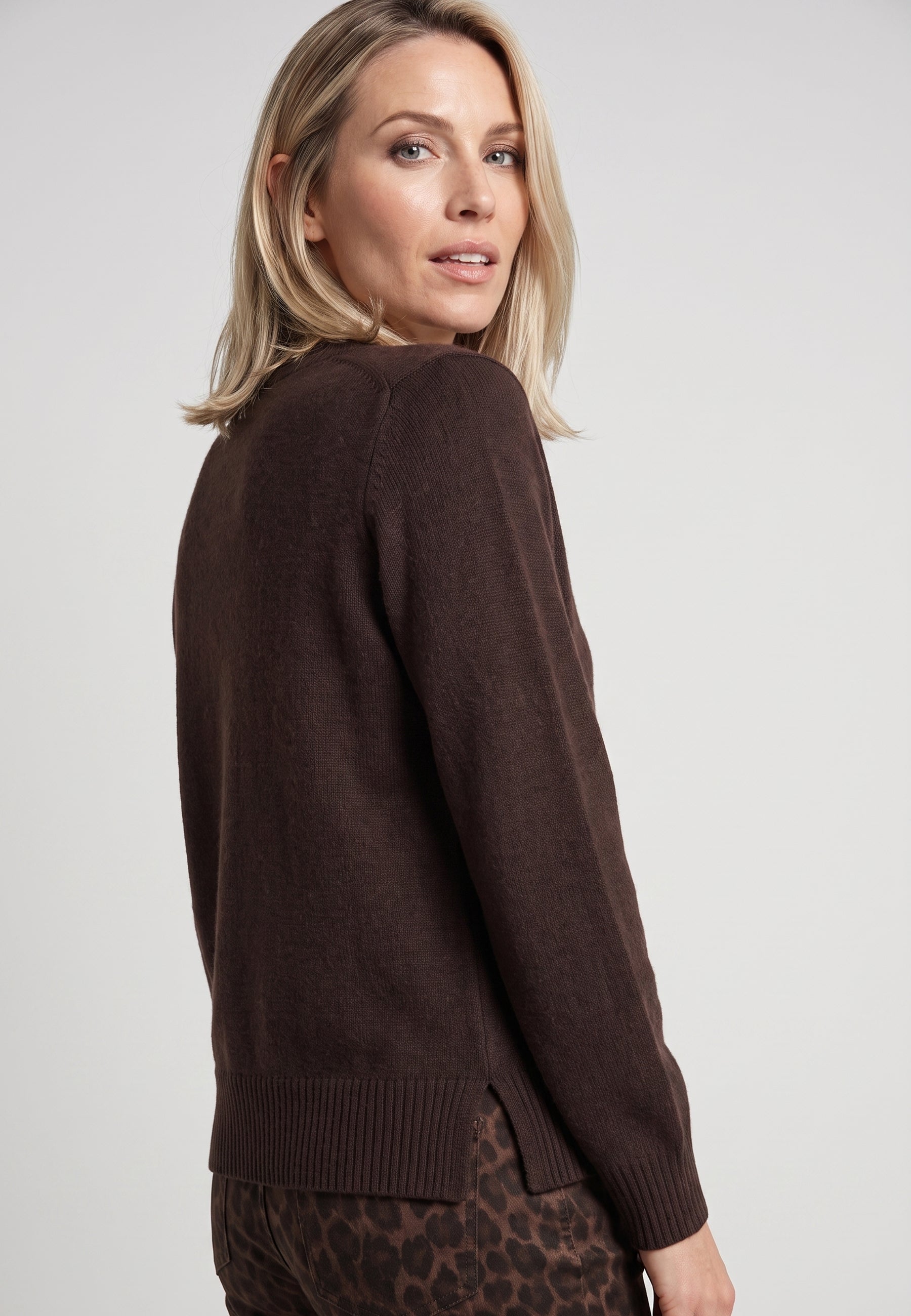V-Neck Knit Sweater in Coffee Bean