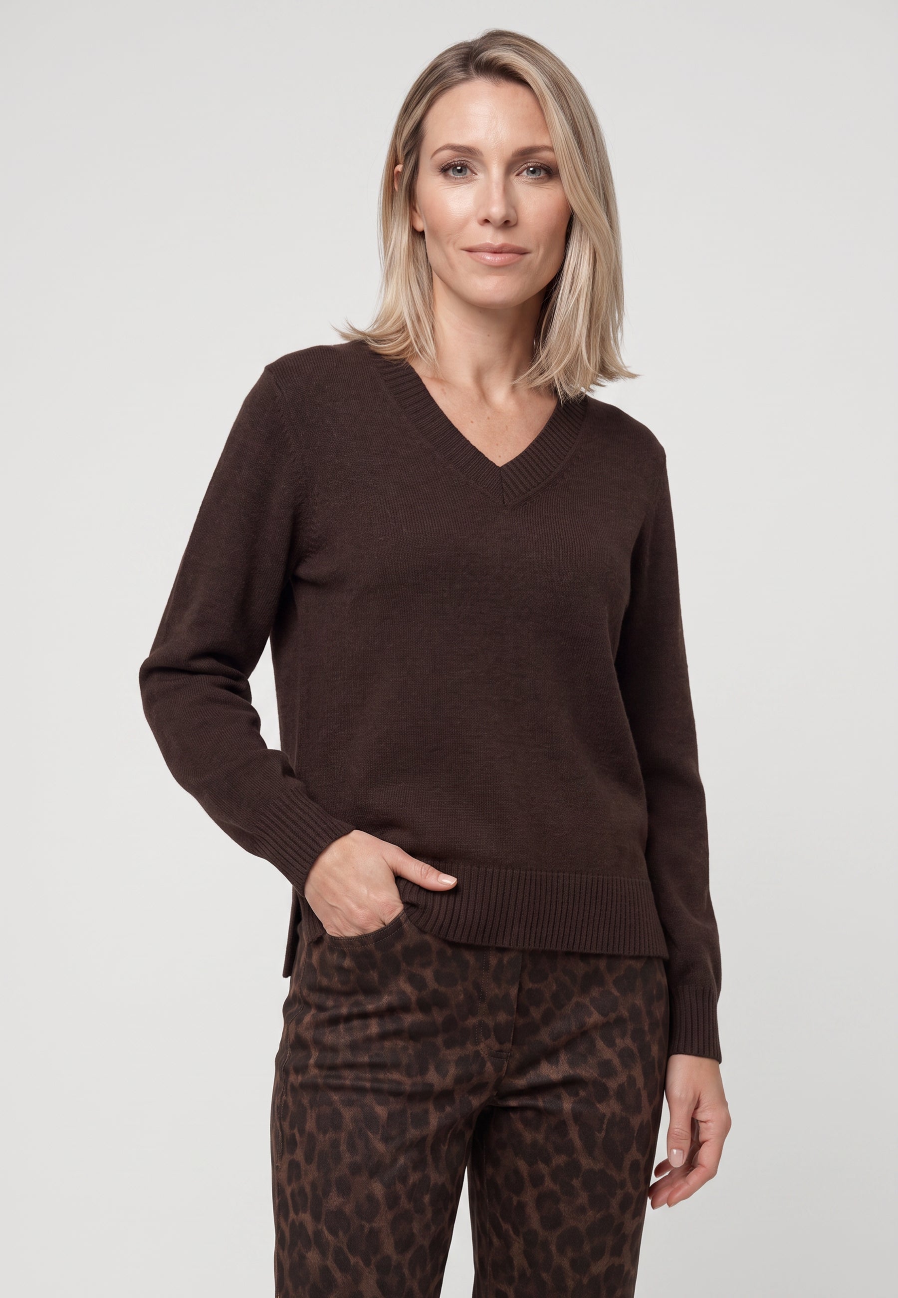 V-Neck Knit Sweater in Coffee Bean
