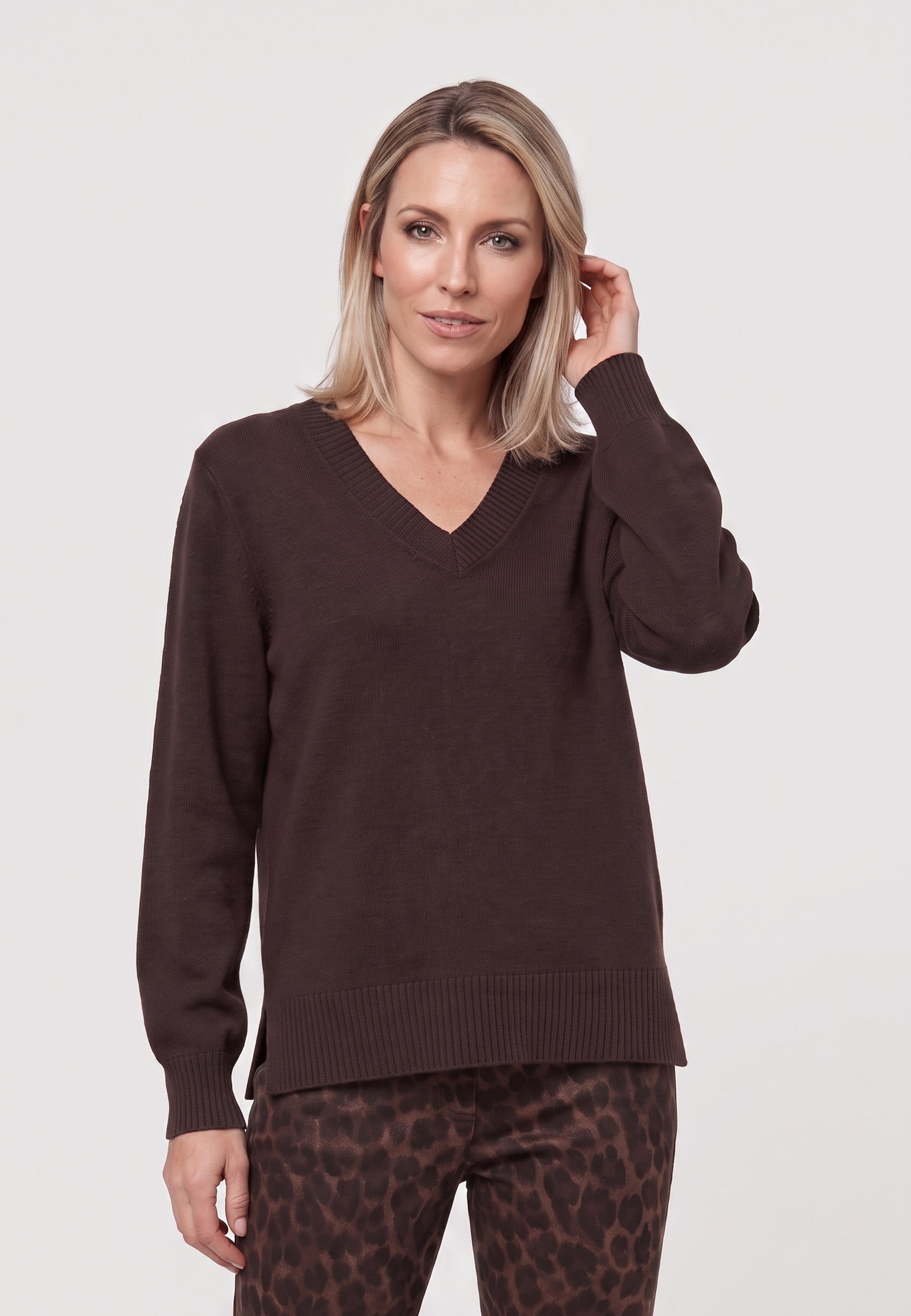 V-Neck Knit Sweater in Coffee Bean