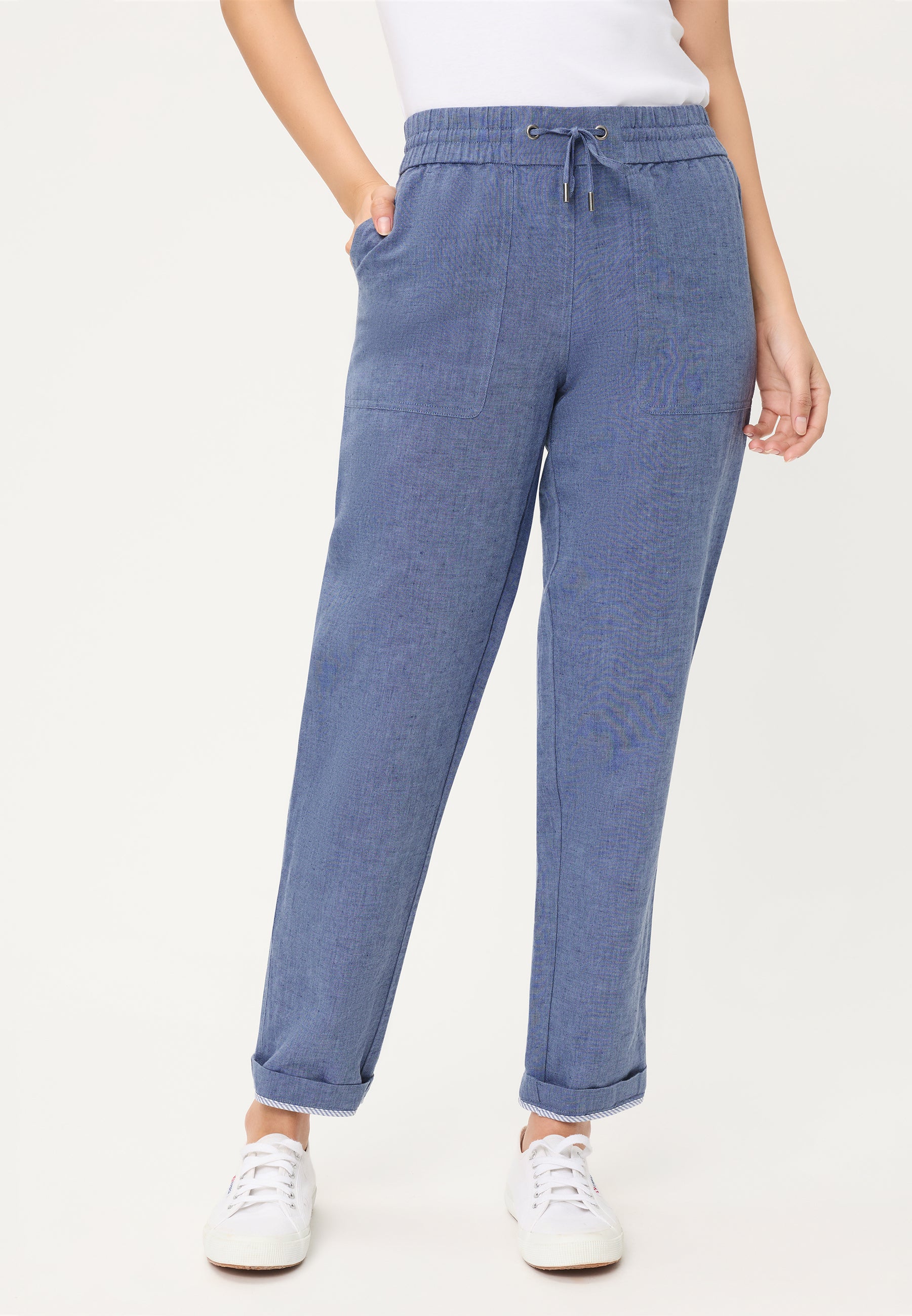 Linen Blend Cropped Trousers in Indigo Denim