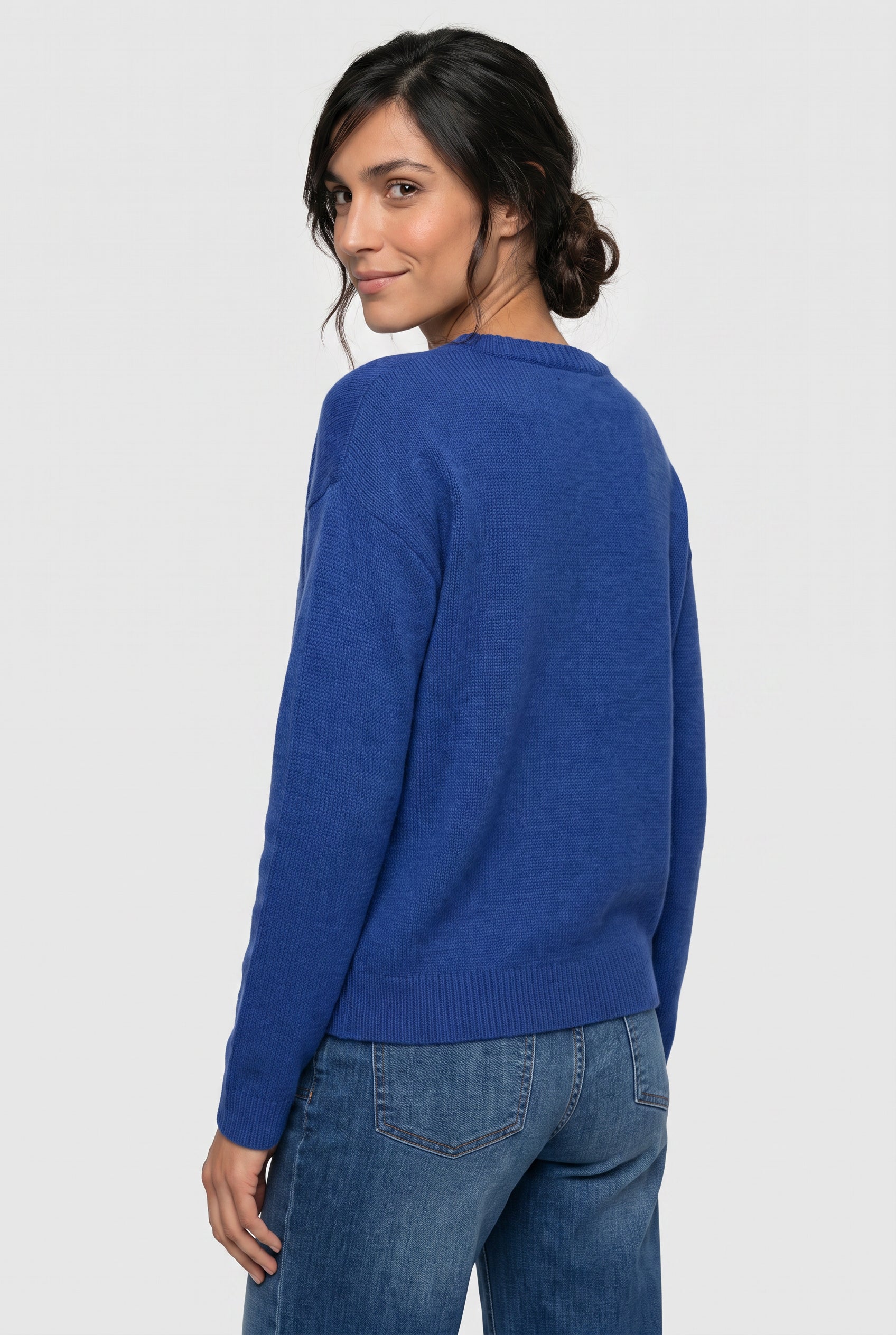 Script Detail Wool Blend Pullover in Cobalt