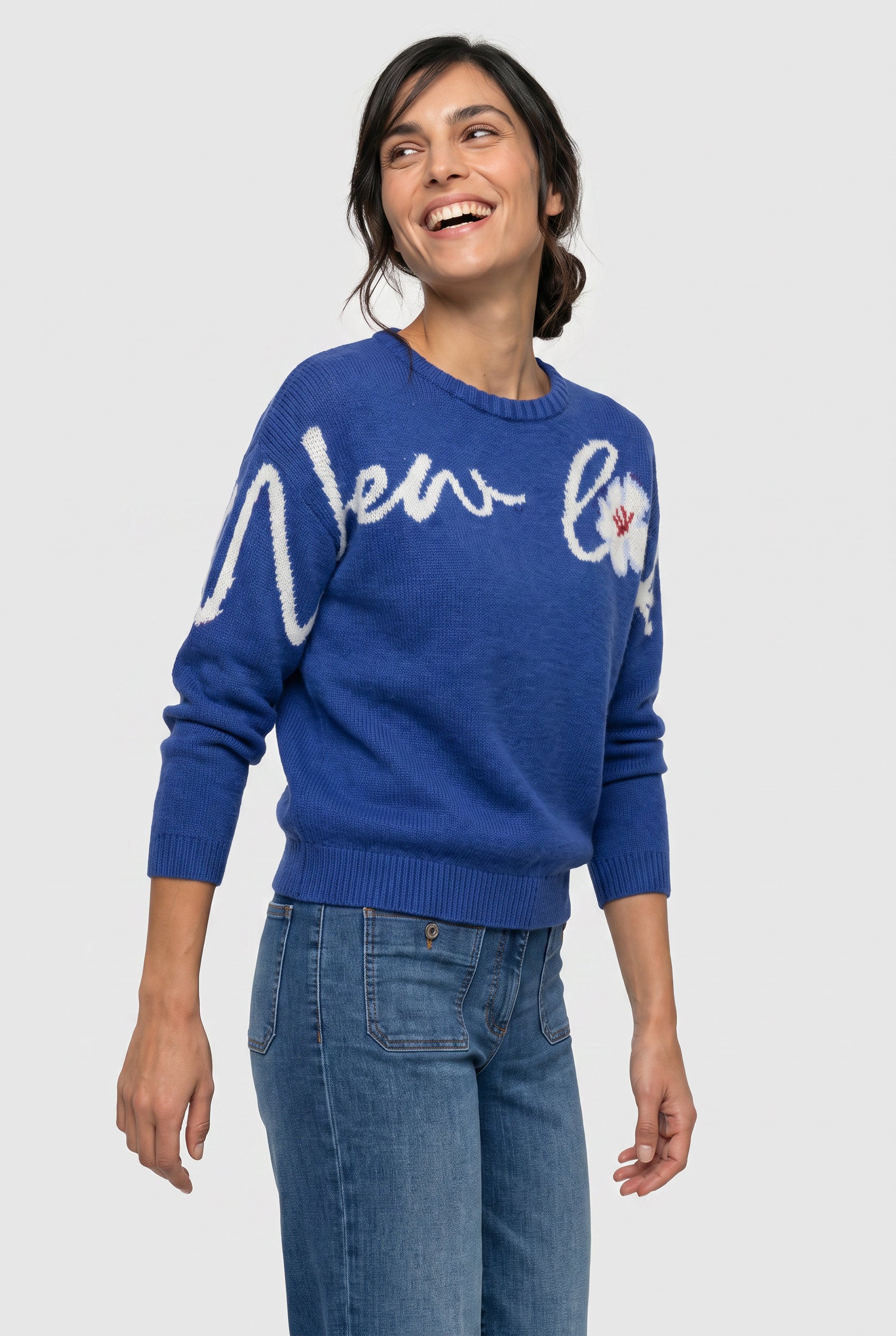 Script Detail Wool Blend Pullover in Cobalt