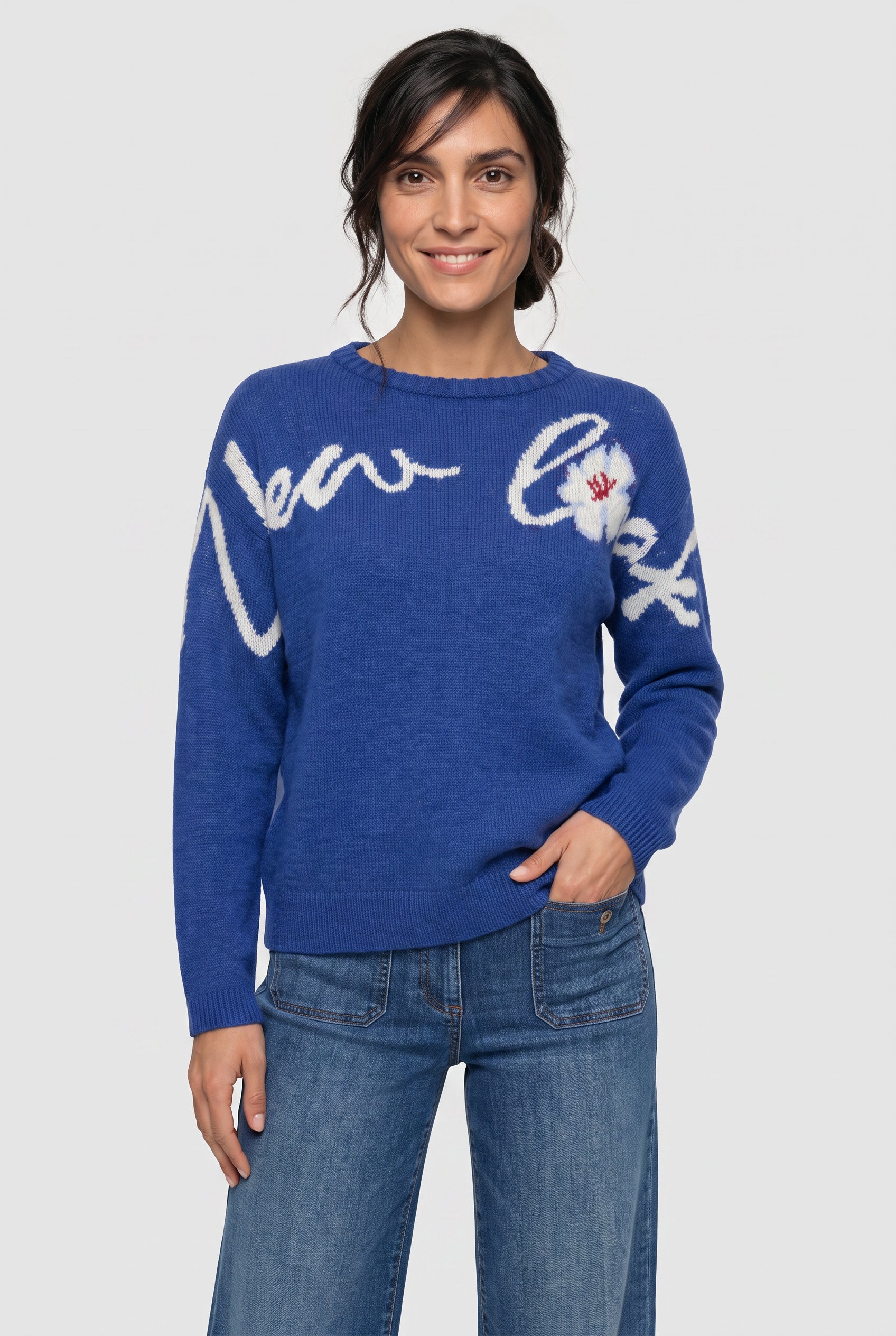Script Detail Wool Blend Pullover in Cobalt