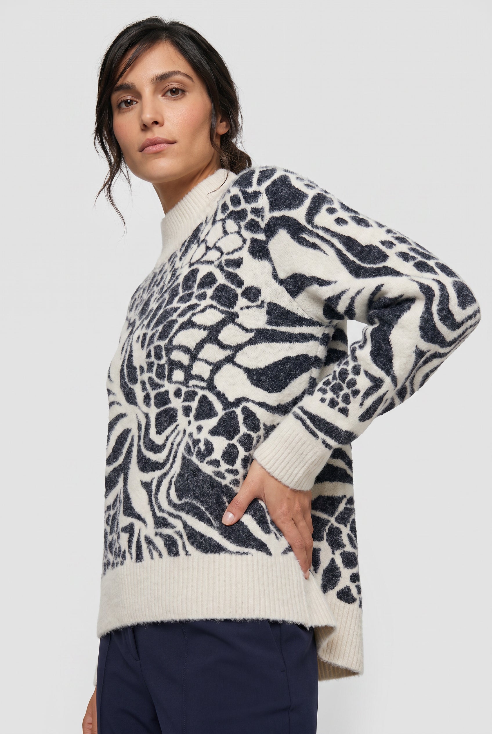 Abstract Pattern High Neck Pullover in Ink Blue