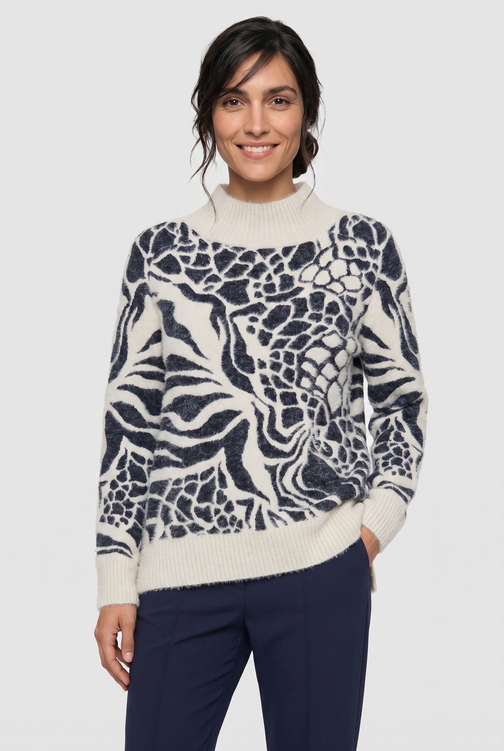 Abstract Pattern High Neck Pullover in Ink Blue