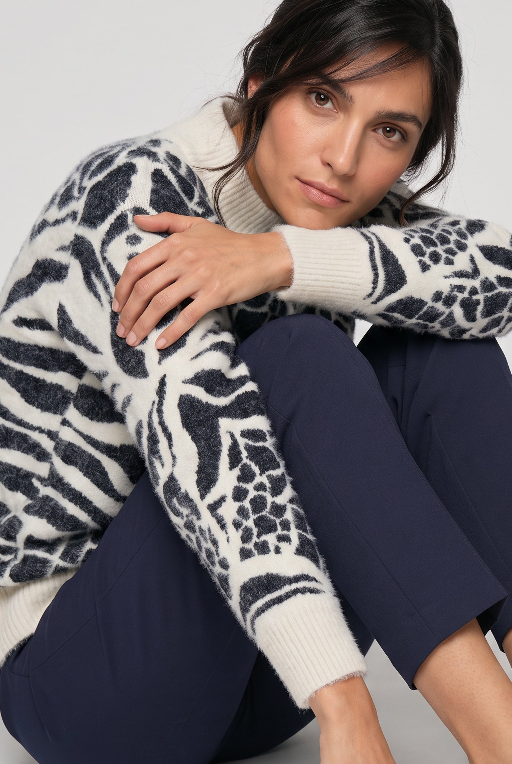 Abstract Pattern High Neck Pullover in Ink Blue