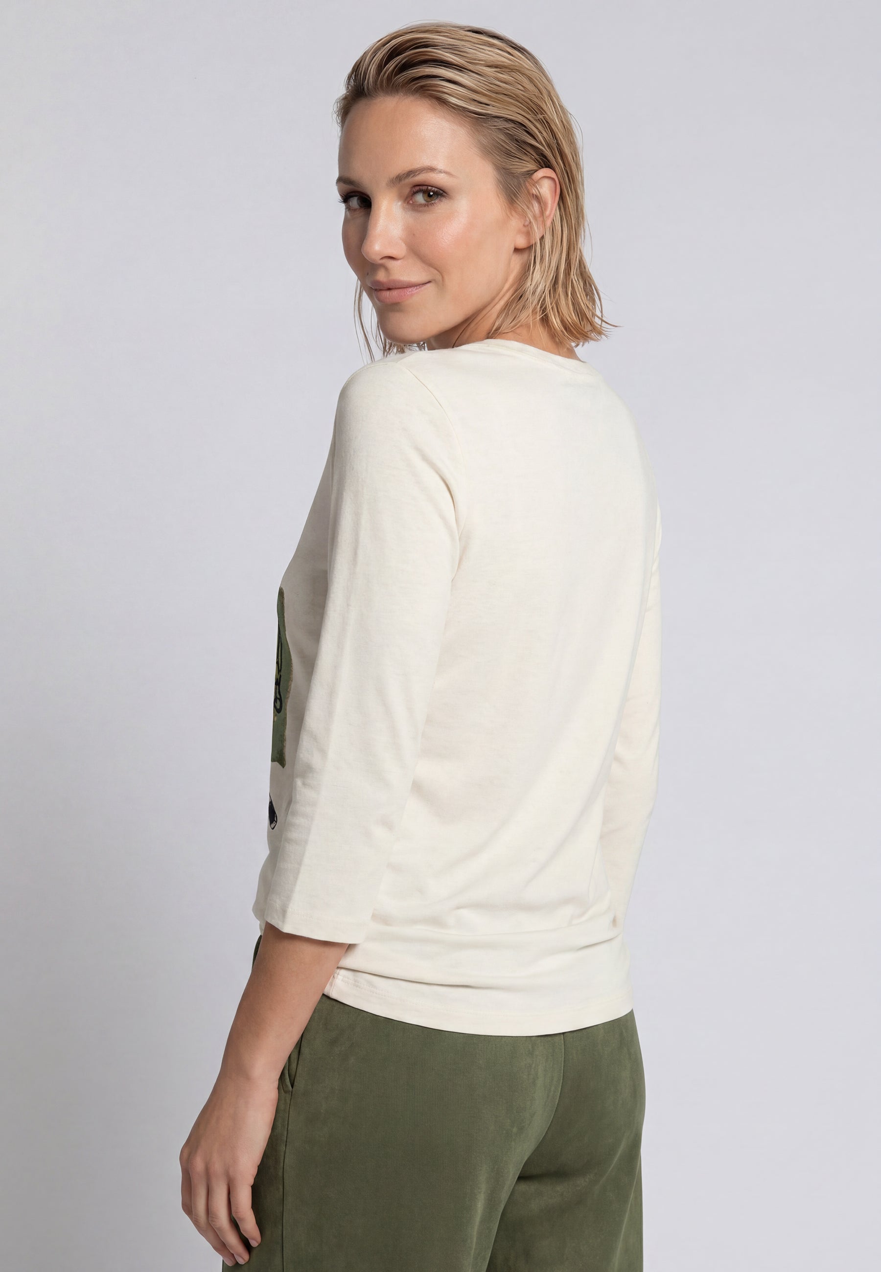 Graphic Print Cotton Top in Almond Beige Melange