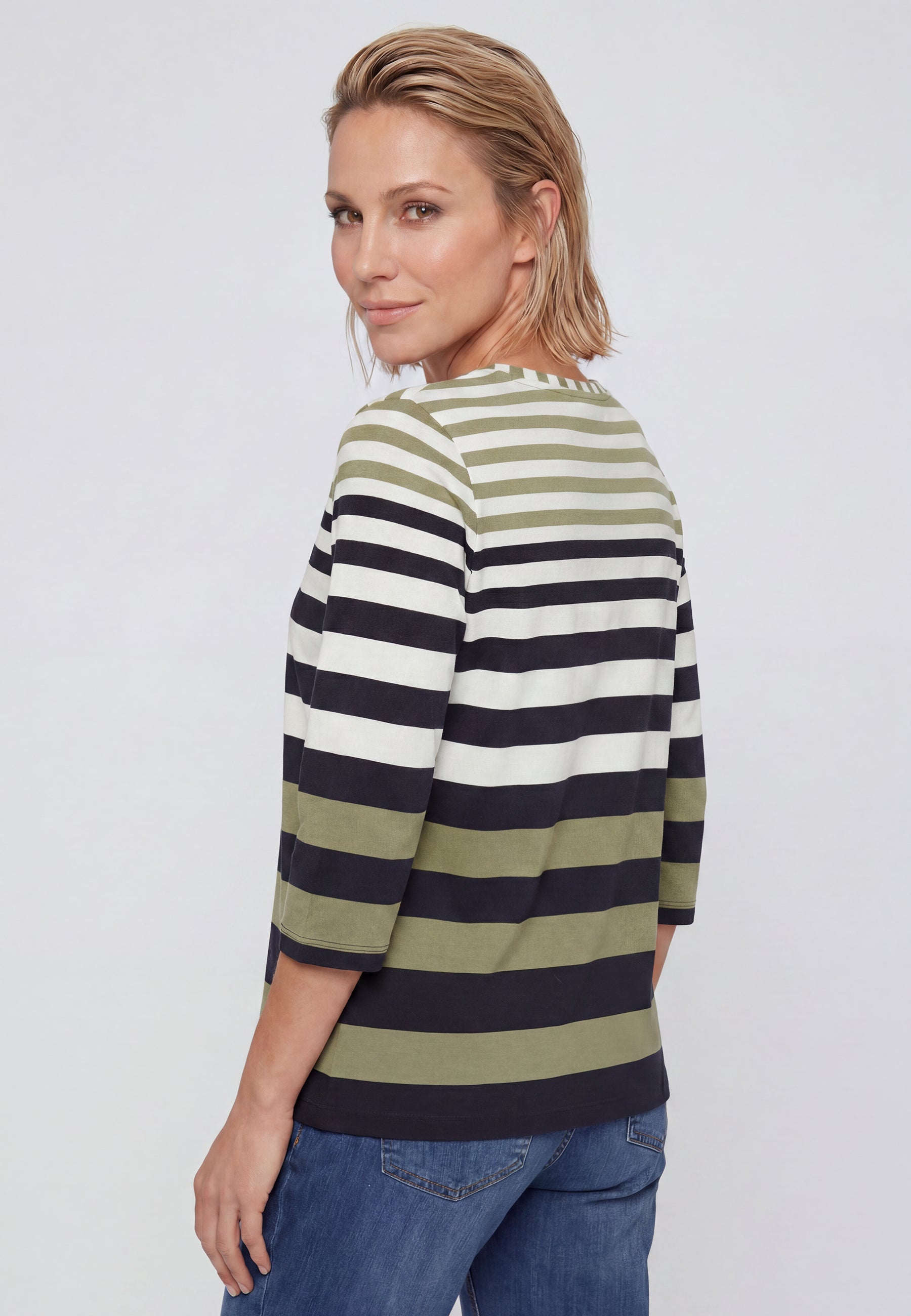 3/4 Sleeve Stripe T-Shirt in Moss Green