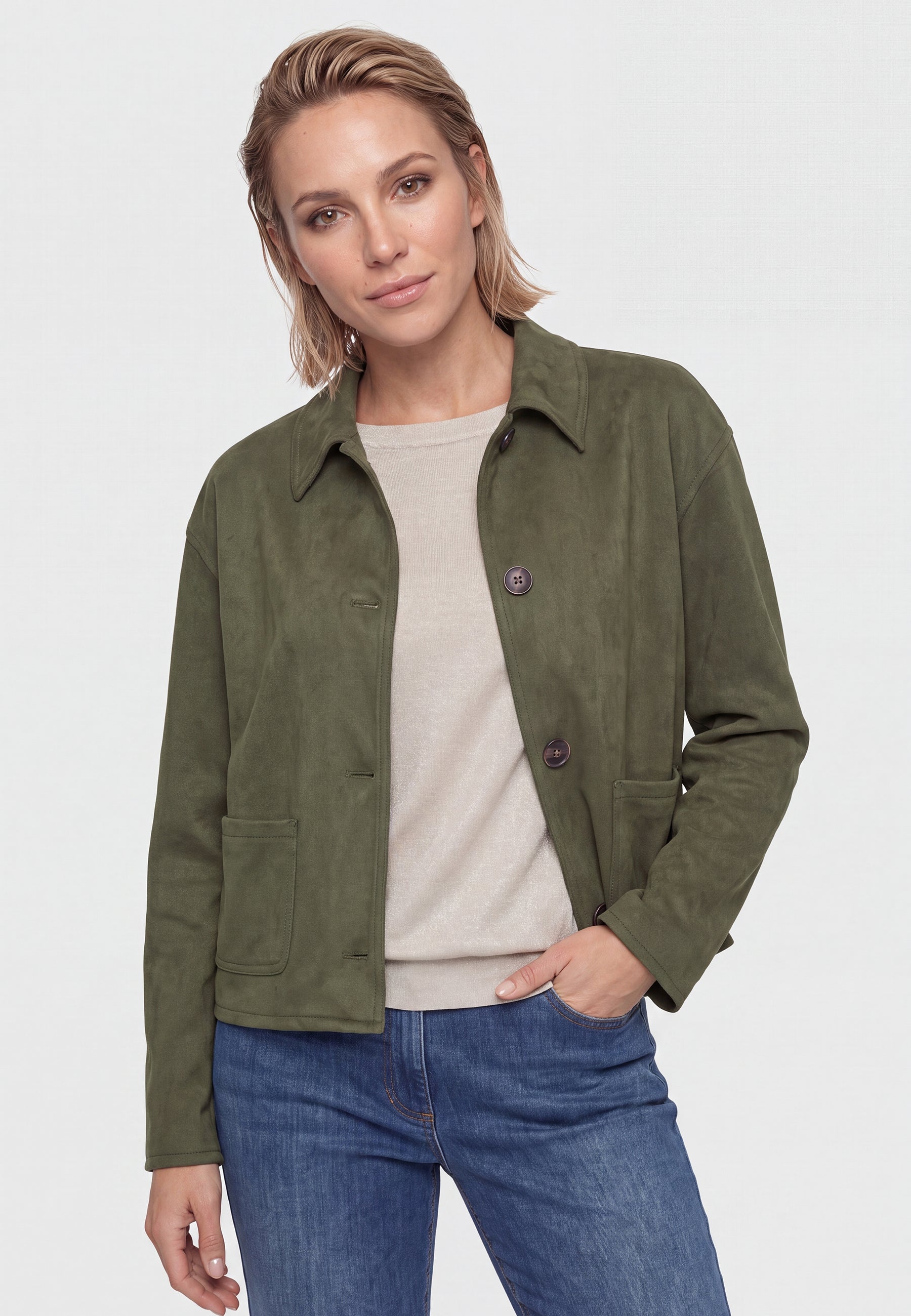 Suede Look Jacket in Olive Green