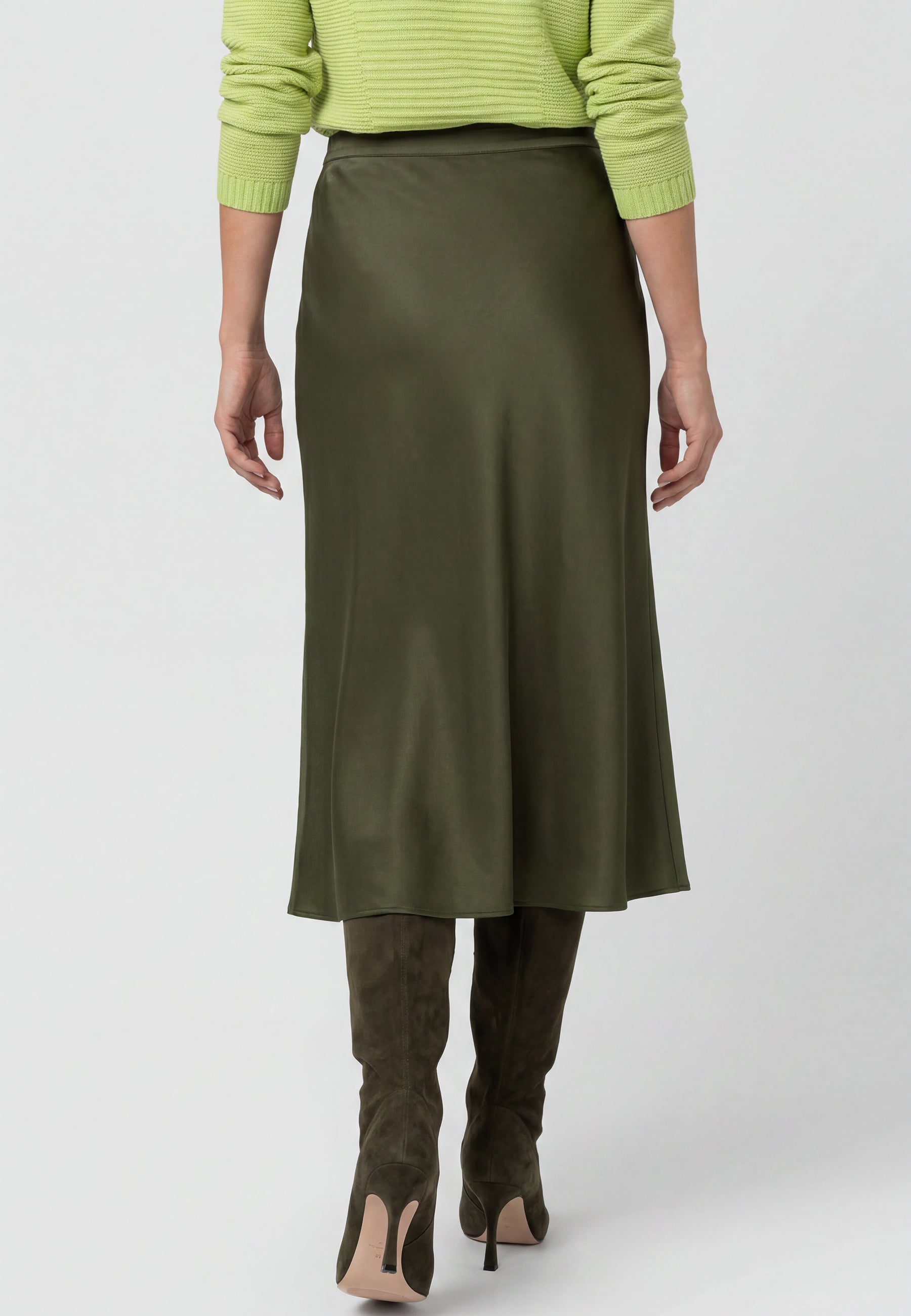 Satin Midi Skirt in Olive Green