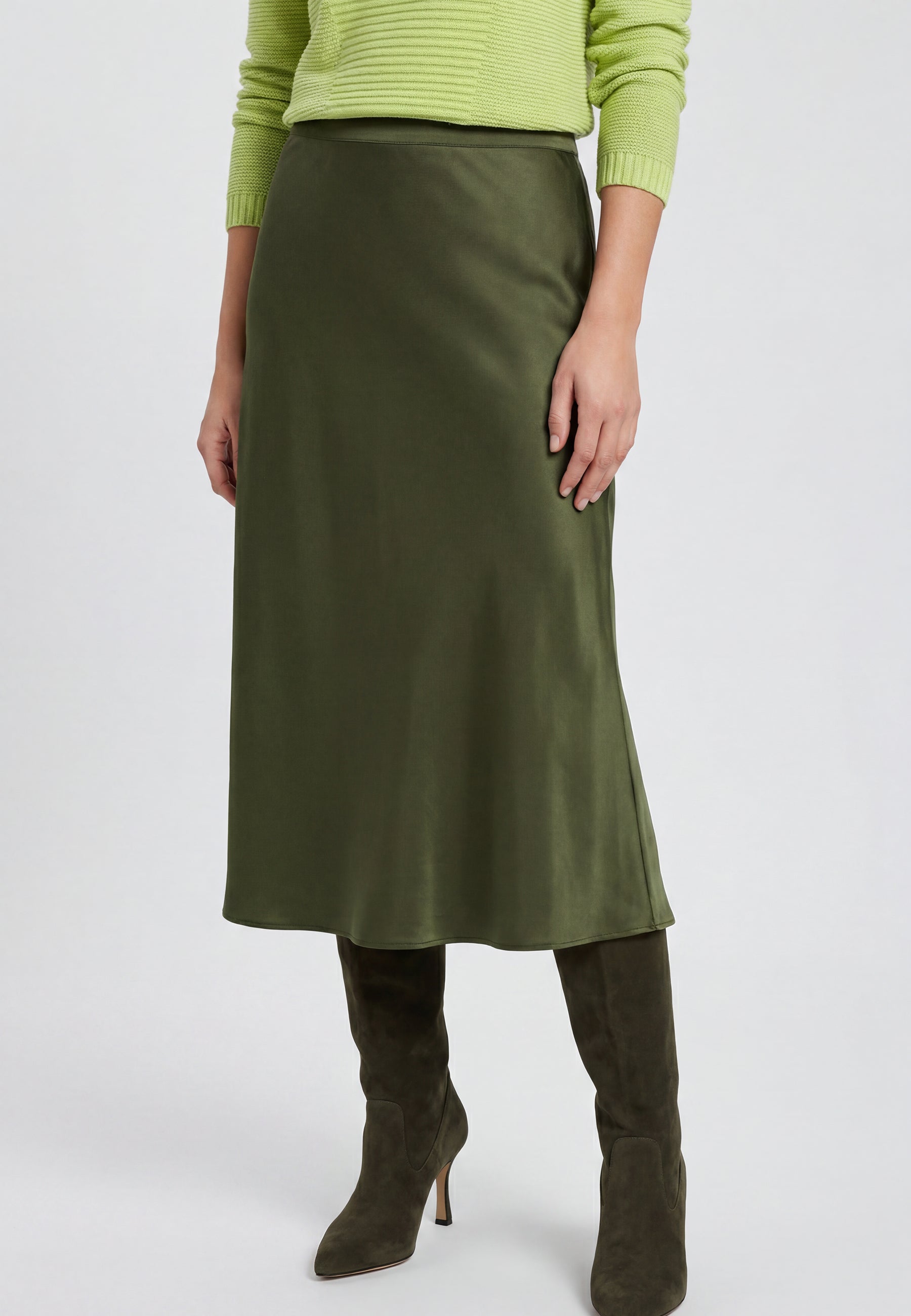Satin Midi Skirt in Olive Green
