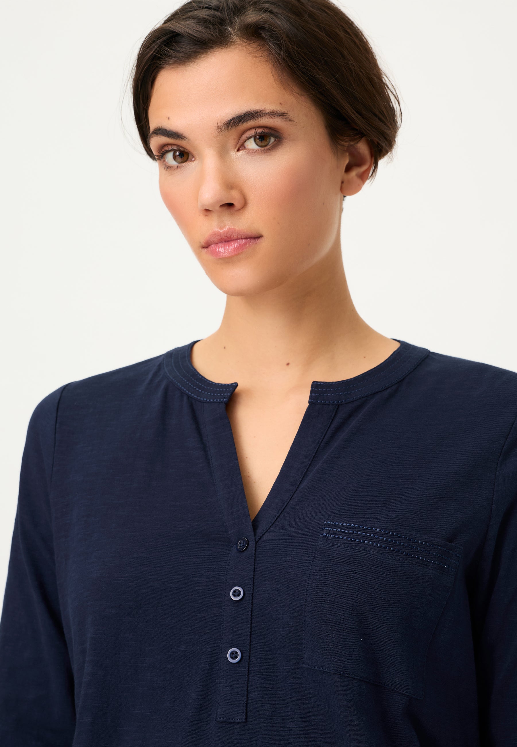 Hannah Top with Split Neckline in Ink Blue