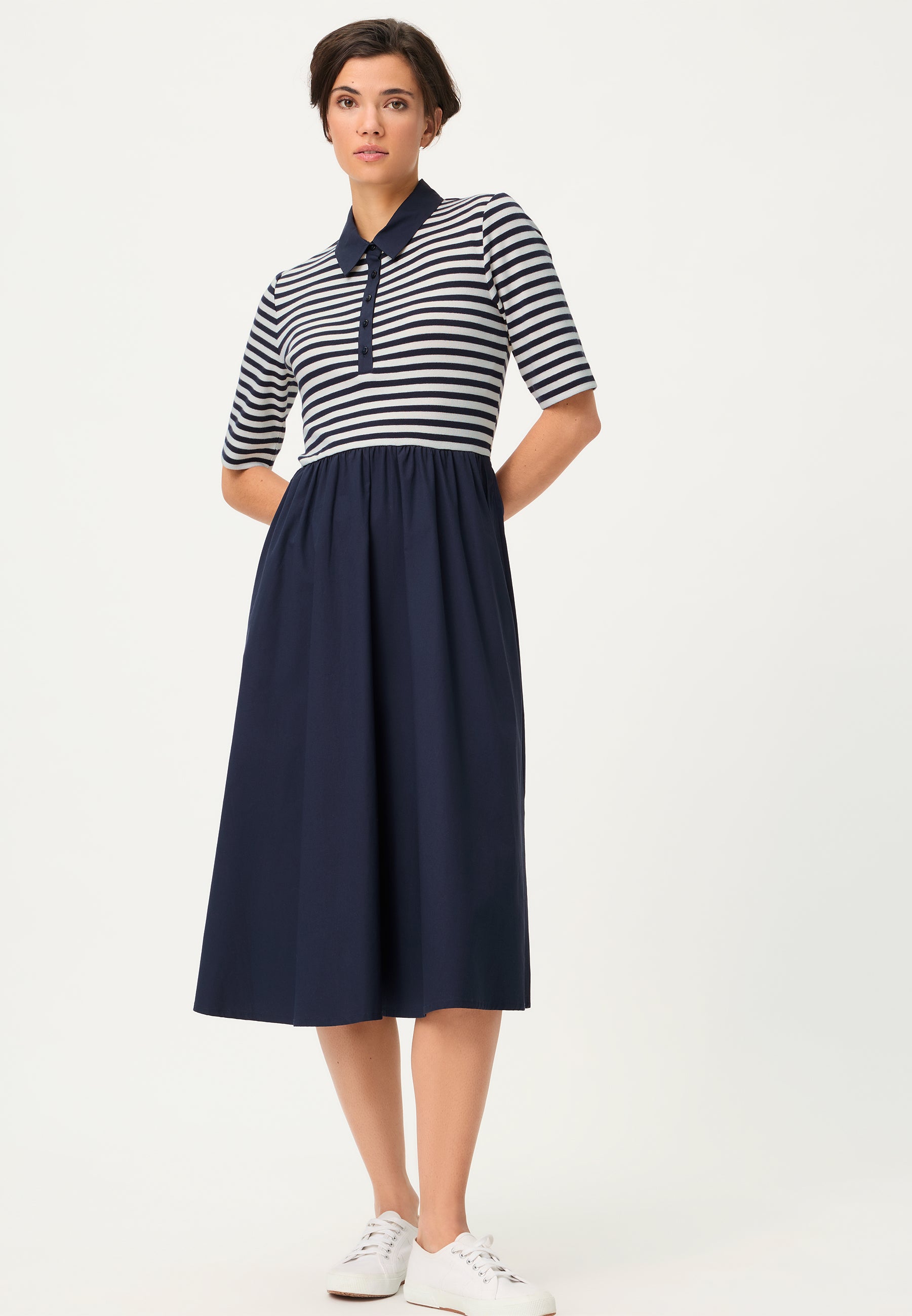 Striped Polo Midi Dress in Ink Blue