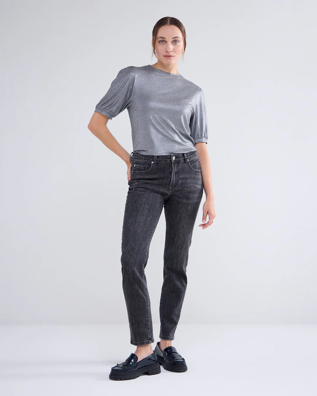 Metalic Coated Round Neck Top in Cloud