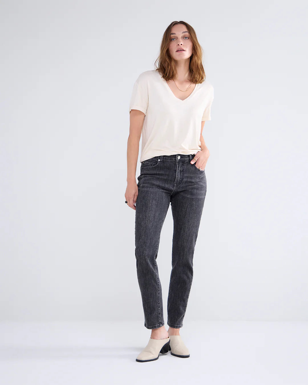 Metalic Coated V-Neck Top in Ivory