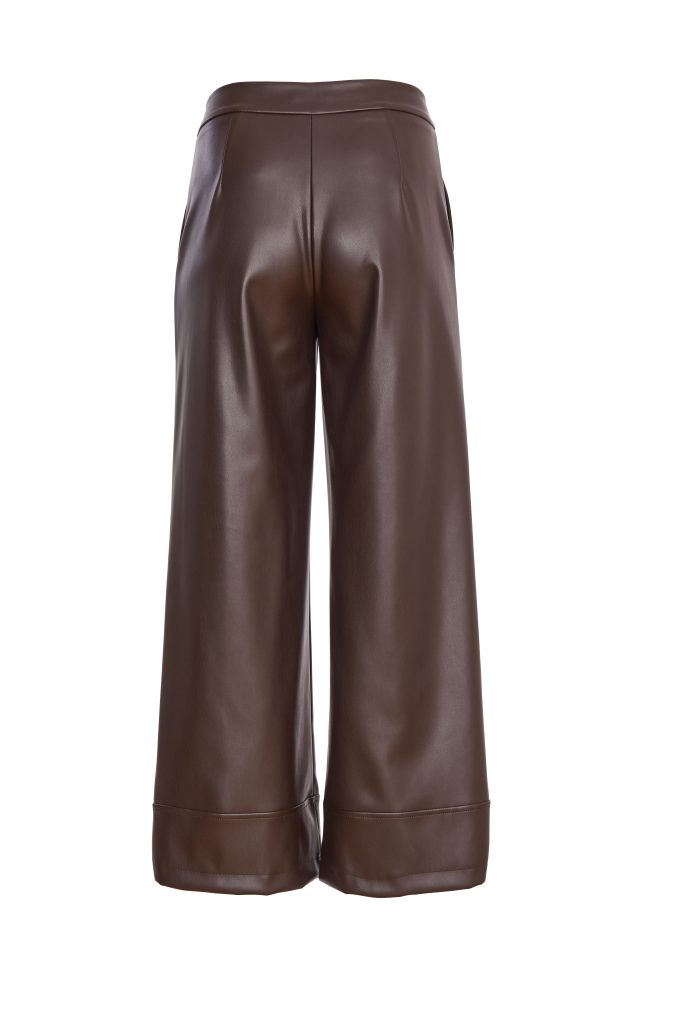 Wide Leg Zip Waist Leatherette Trouser in Chocolate