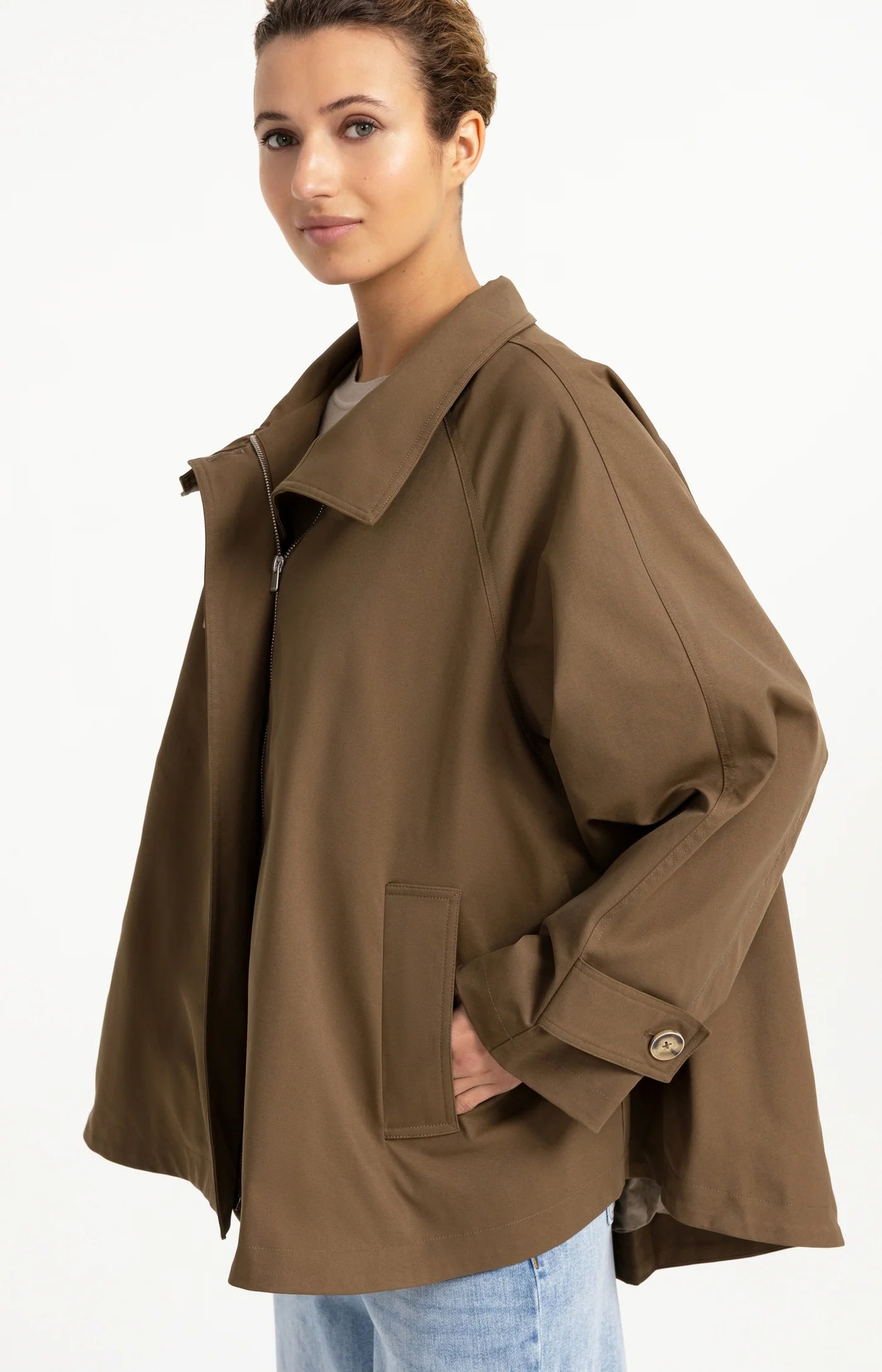 Woven A-Line Trenchcoat Jacket in Teak Brown