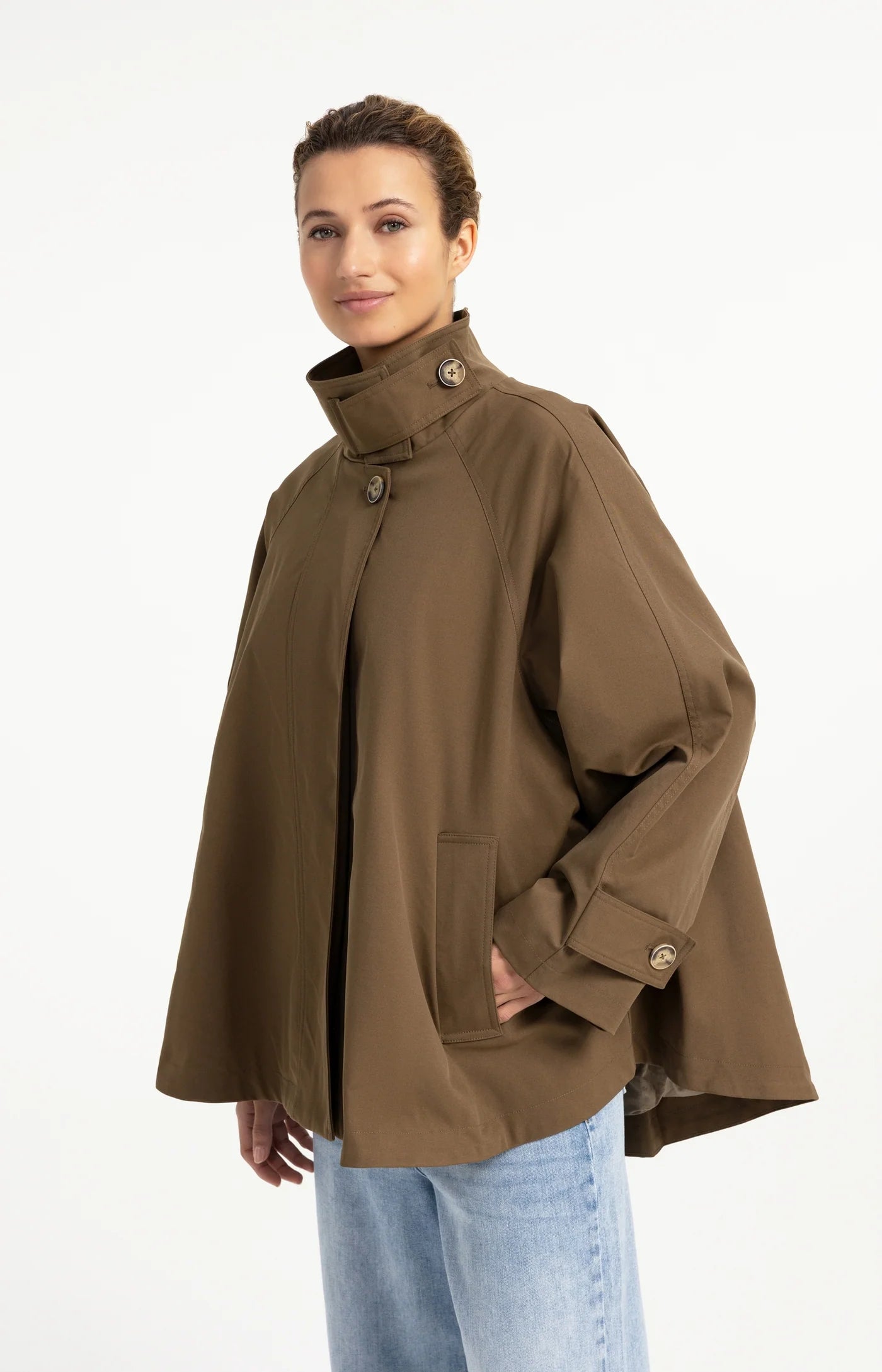 Woven A-Line Trenchcoat Jacket in Teak Brown