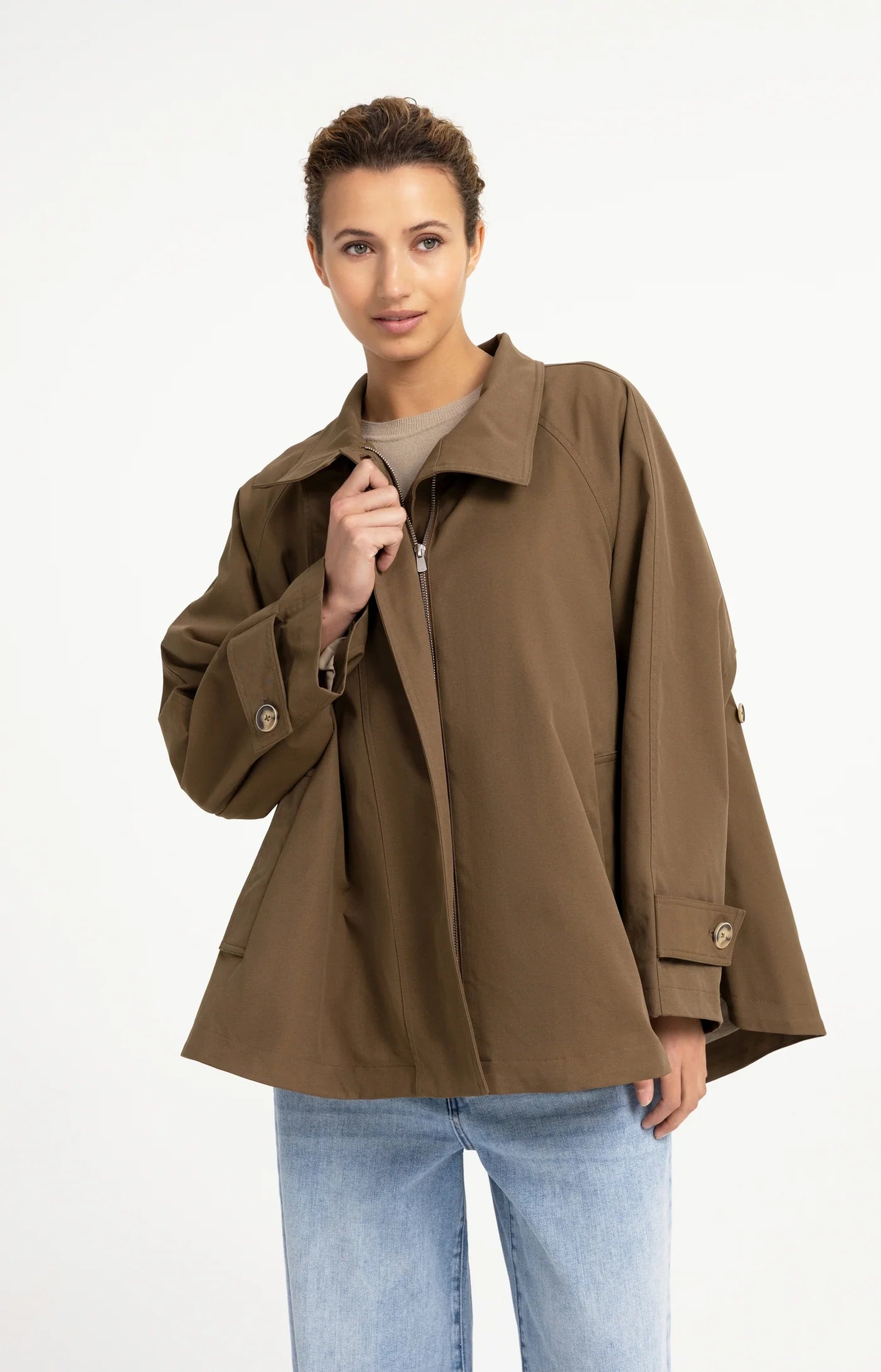 Woven A-Line Trenchcoat Jacket in Teak Brown