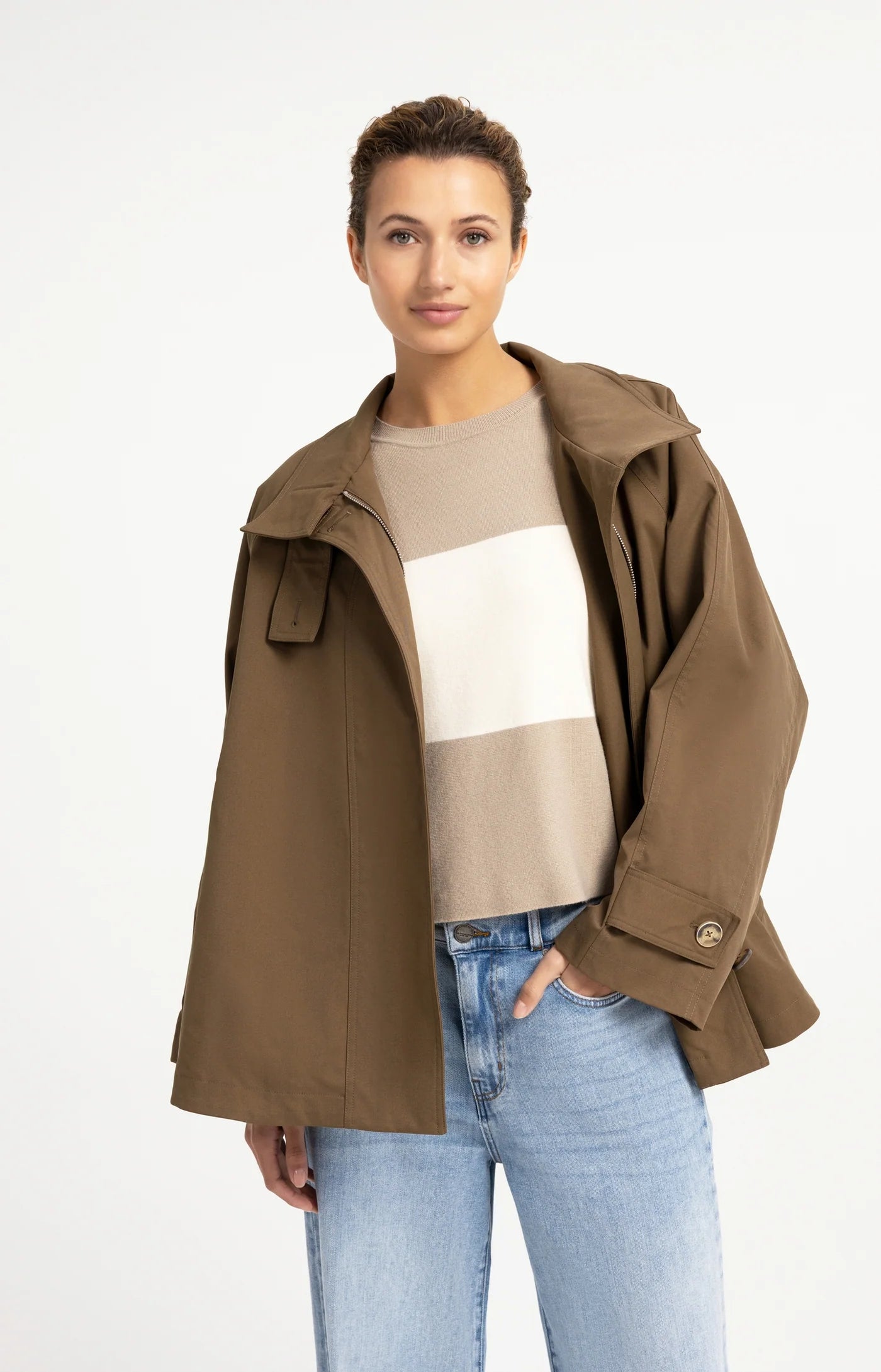 Woven A-Line Trenchcoat Jacket in Teak Brown
